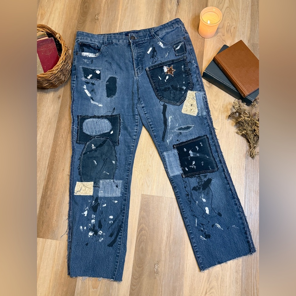 Upcycled Paint-Splattered Patchwork Jeans Distres… - image 1